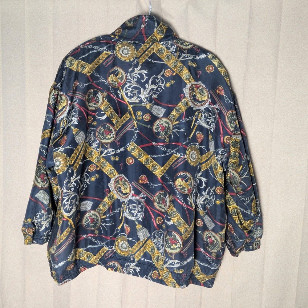 Lady CA Sport Vintage Silk Bomber Jacket 2X Navy Blue Baroque Chain Print Zip